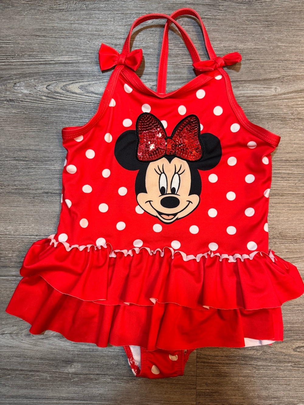 Disney Junior Minnie Mouse Polka Dot Ruffle Swimsuit Girls 4T Red Sequined Bow